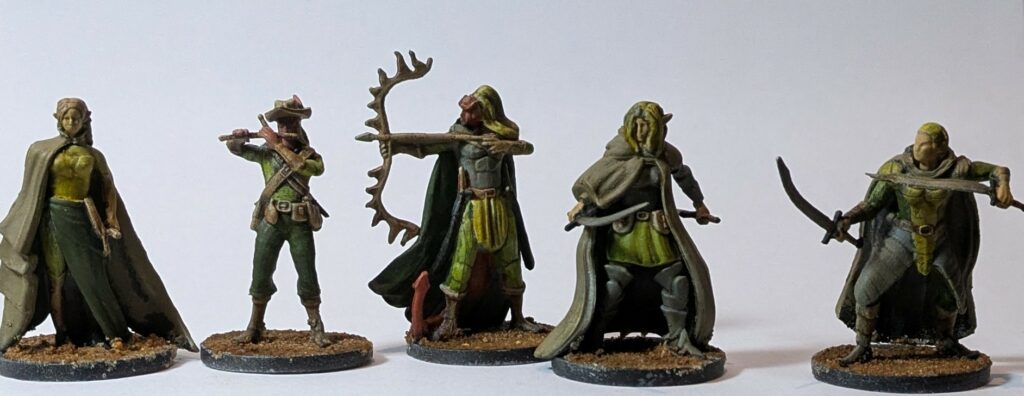 Five elven warriors, with swords, bow... and a flute