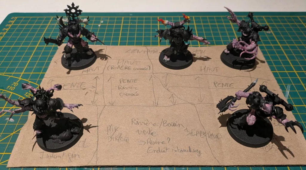 Five Warhammer 40K Black legion Chaos space marines Possessed, unpainted, standing on cardboard.