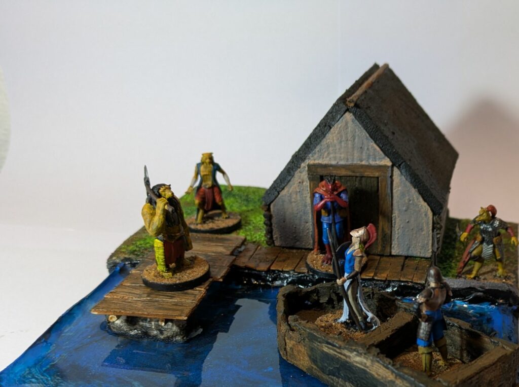 A small port made of blue resin and wooden sticks. A boat in on the water, with two warriors on it. 4 animal-humanoids beings are on the ground, watching the boat arrives.